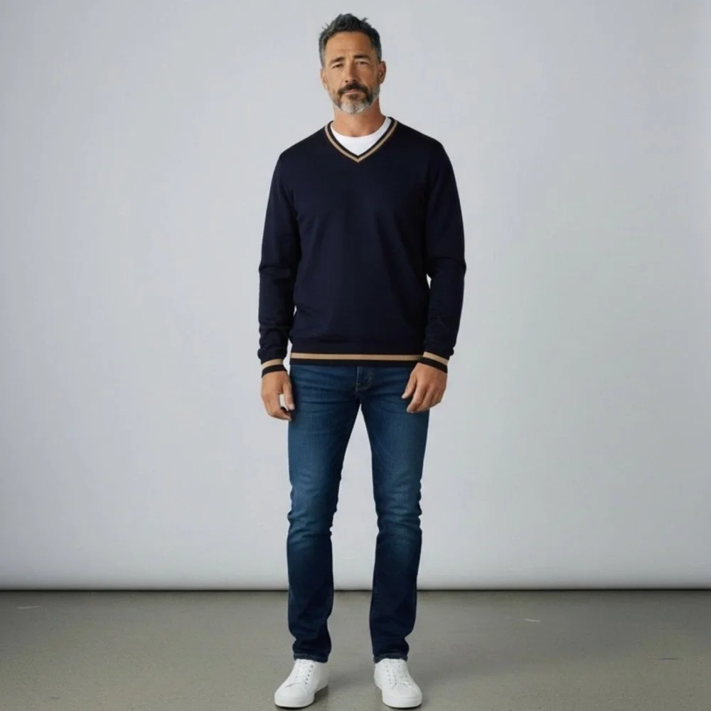 Cotton Knit Blue Tan strip V-neck Sweater  eclectic Grandpa fisherman old money